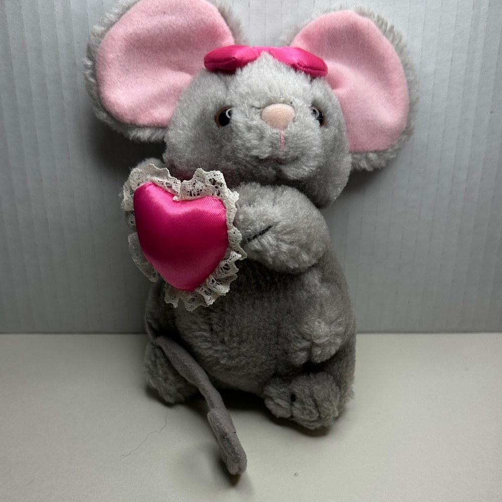 Vintage Russ Gray Plush Mouse with Pink Heart